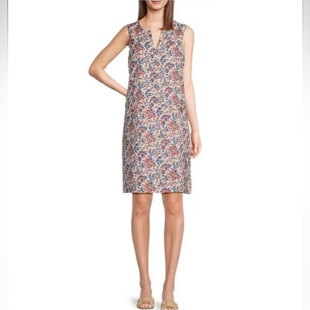 J. McLaughlin Rue dress sleeveless 100% linen, floral red white blue size medium